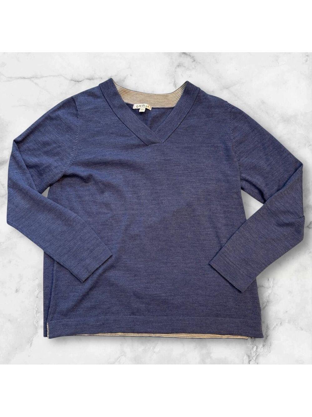 Orvis Men's V Neck Pullover Sweater Blue Large 100% Merino Wool
